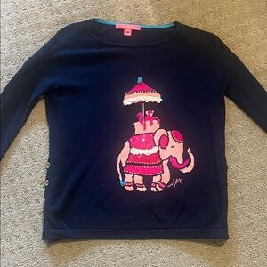 Lilly Pulitzer Navy Sweater with Pink Elephant Design and Side Buttons
